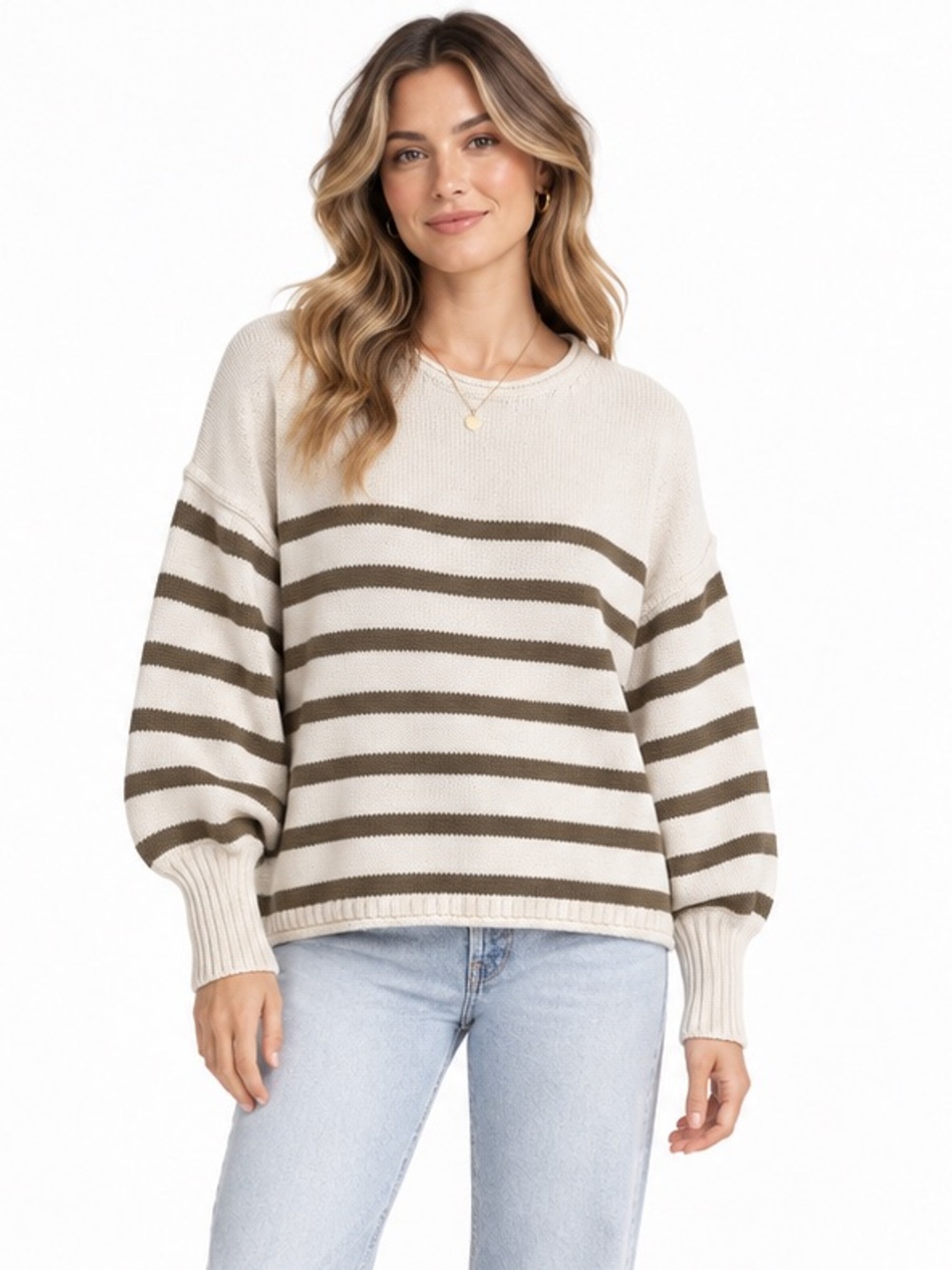 MADEWELL Conway Cotton Striped Pullover Sweater Ivory Olive Small N6707